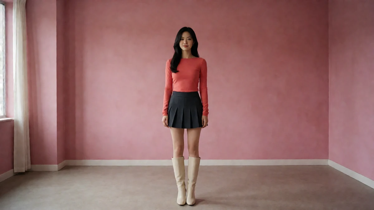 ai短剧在线虚拟美女短片主题图：珊瑚红上衣、黑色短裙与空旷粉色房间