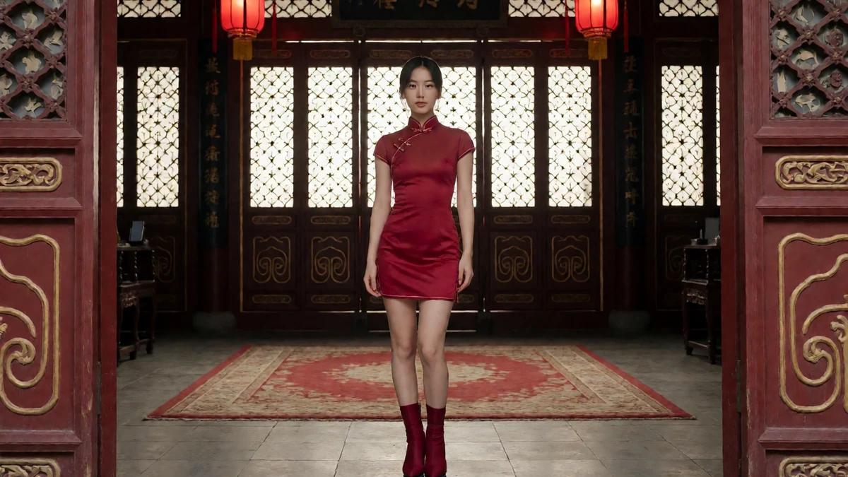 ai短剧在线旗袍美人主题图：红色旗袍、木格门与古风宫灯